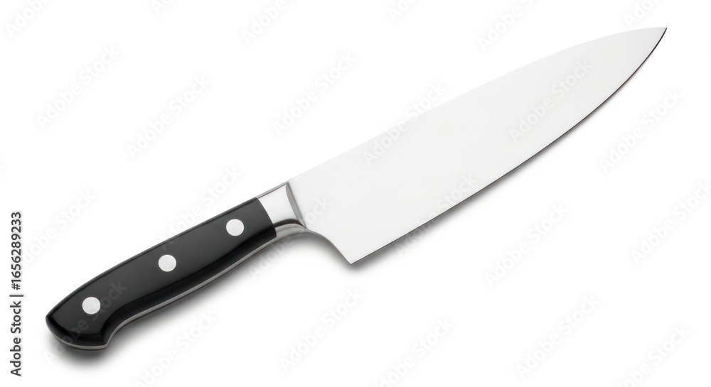 A sharp chef's knife with a black handle is displayed on a white background, angled slightly. A sharp chef's knife with a black handle is displayed on a white background, angled slightly.