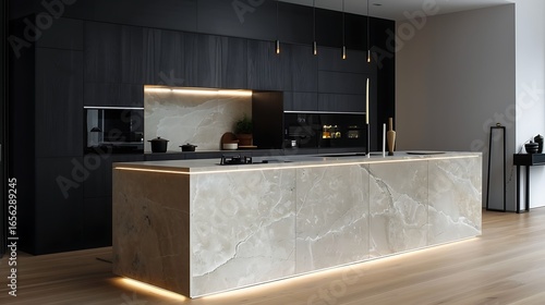Wallpaper Mural Smart kitchen with seamless cabinetry in black, ivory marble island with embedded touch controls, and subtle LED accents, elegant staged environment. Torontodigital.ca