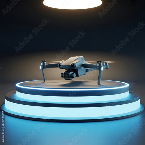 Realistic Image of Drone on Futuristic Glowing Podium with Cinematic Lighting