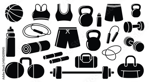 Black and white fitness equipment icons on a white background workout exercise 1