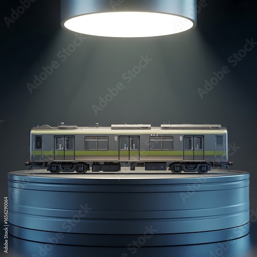 Photorealistic 3D Render of Train Model on Metallic Podium with Glowing Dramatic Light