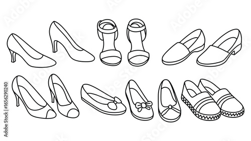 Black and white line art illustration of various women's shoes on a white background footwear fashion