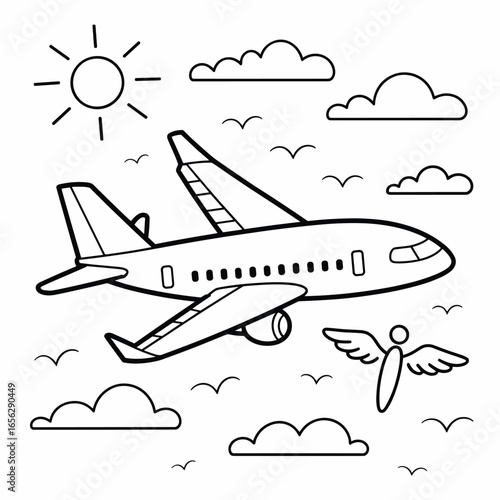 Black and white line drawing of an airplane flying through clouds with sun and birds aircraft flight