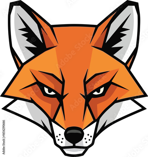 Fierce fox head, stylized graphic design, orange fur, sharp features.