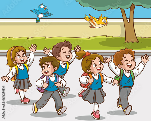 happy school children going to school