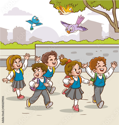 happy school children going to school