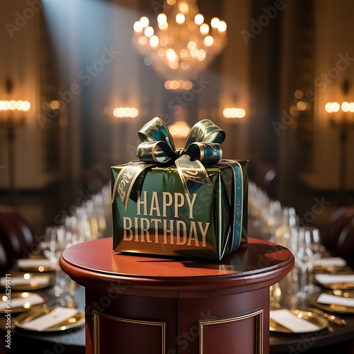 Realistic Photo of Gift Box on Luxury Podium with Golden Spotlight and Elegant Celebration Background