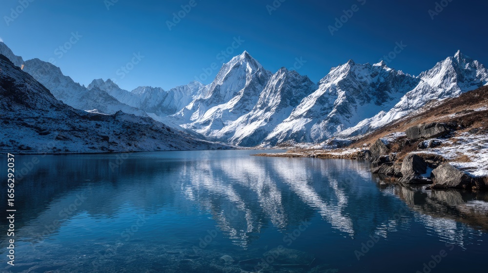 Fototapeta premium Mountain lake reflecting a snow-capped peak