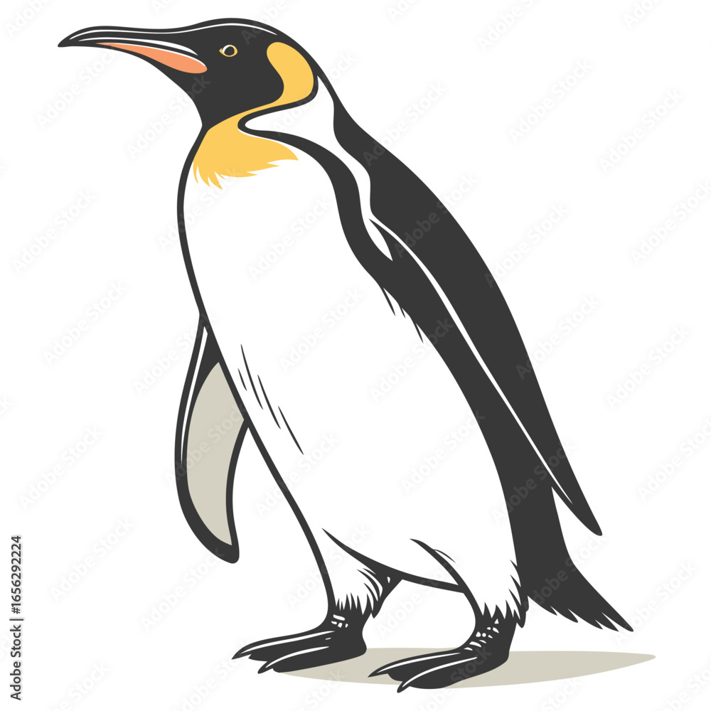 Obraz premium An illustration of a penguin, likely an Emperor or King penguin, standing upright and looking to its left. The penguin has a black back and head, a white belly, and a distinctive patch of yellow.