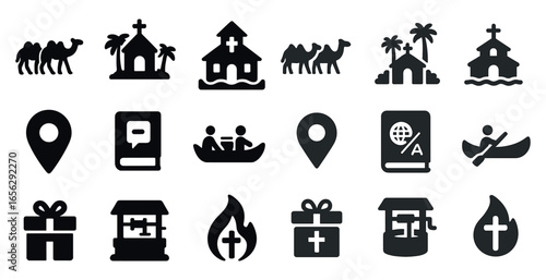 Religious and travel silhouette icons set – church, pilgrimage, journey essentials