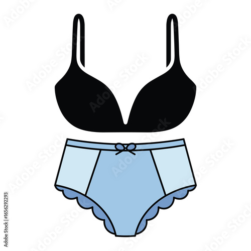 Black bra and light blue panties with bow on white background lingerie underwear