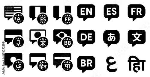Language and translation icons set – solid, filled, multilingual communication symbols