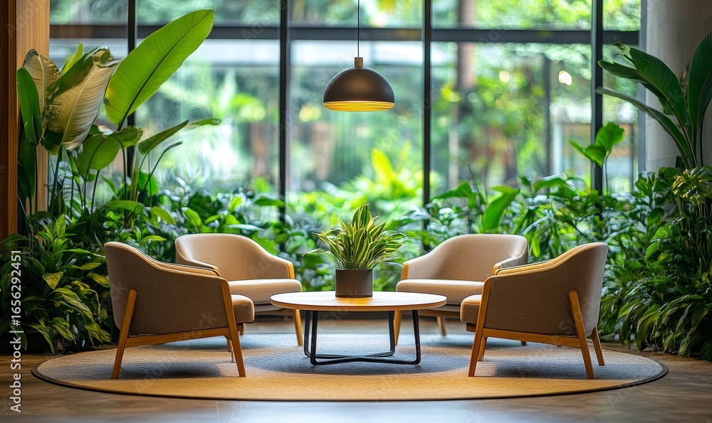 Fototapeta premium Modern, stylish waiting room in a green office, featuring comfortable wooden chairs arranged for job interviews, appointments, or business meetings, surrounded by lush greenery, Generative AI
