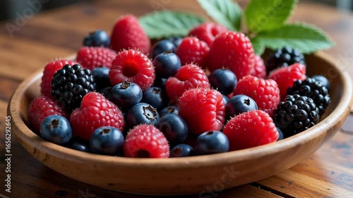Wallpaper Mural Vibrant mixed berries in rustic wooden bowl, bursting with freshness and natural goodness, perfect for healthy eating. Torontodigital.ca