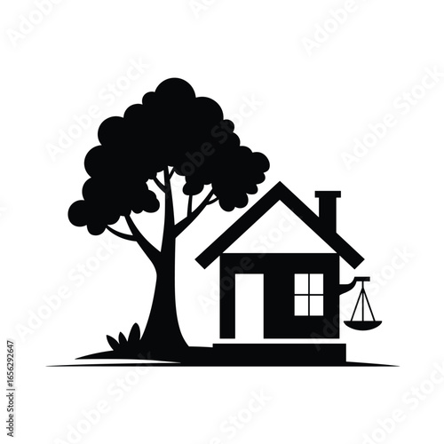 Black silhouette of a house with a tree and scales on a white background black and white