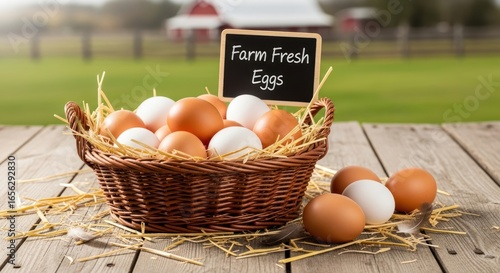 Farm fresh brown and white eggs in a rustic wicker basket on a wooden table with a rural farm scene in the background.