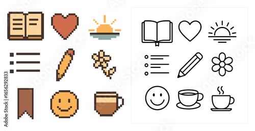 Reading and writing pixel art icons set – flat, filled, literary and creative symbols