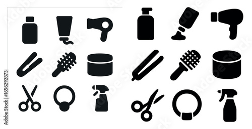 Hair care silhouette icons set – grooming, styling, beauty symbols