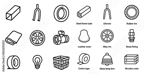 Automotive and industrial outline icons set – linear, vector, machine parts graphics