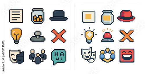 Theater and performance pixel art icons set – drama, comedy, entertainment symbols