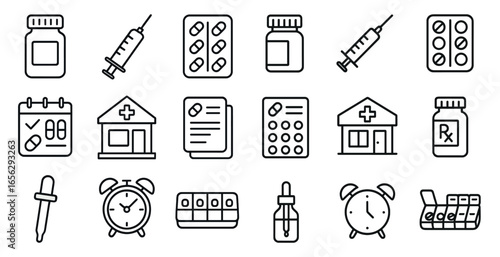 Medical and pharmacy outline icons set – healthcare, pill, hospital symbols