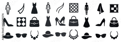 Fashion and apparel silhouette icons set – clothing, accessories, style symbols
