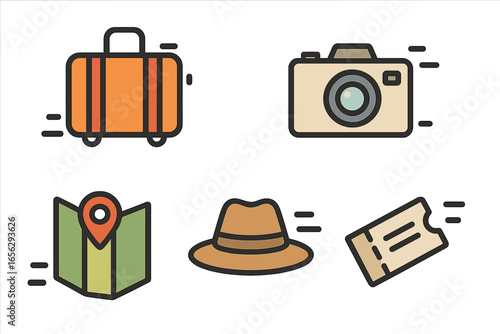 Travel Icons: Suitcase, Camera, Map, Hat, and Ticket