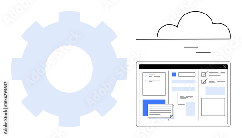 Gear representing automation, cloud symbolizing cloud-based technology, and user interface for project or workflow. Ideal for technology, productivity, automation, SaaS, collaboration, cloud