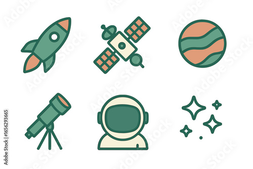 Space Exploration Icons: Rocket, Satellite, Planet, Telescope
