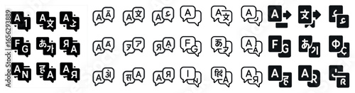 Language translation line icons set – outline, multilingual, communication symbols