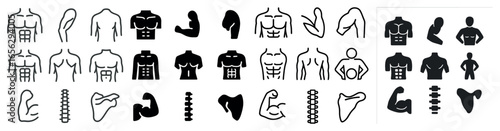 Fitness and gym line icons set – silhouette, outline, bodybuilding and workout symbols