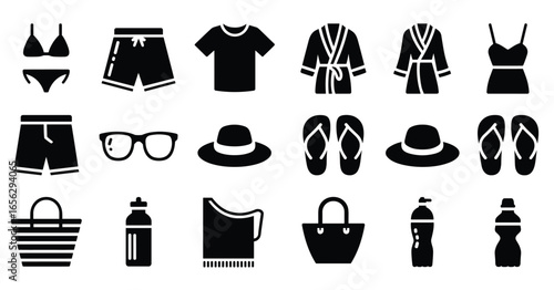 Collection of black summer clothing and accessory icons on a white background bikini swimwear