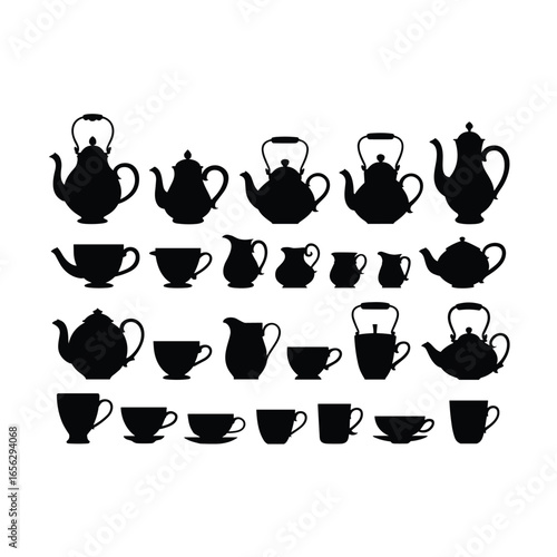 Collection of Black Silhouette Teapots and Cups on White Background coffee cup tea cup