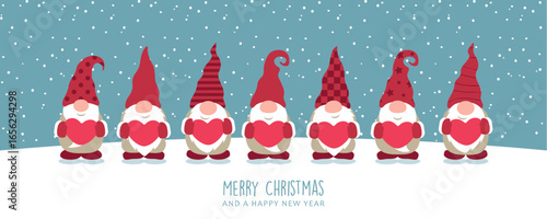 cute dwarf holding hearts on snowy winter background christmas greeting card vector illustration