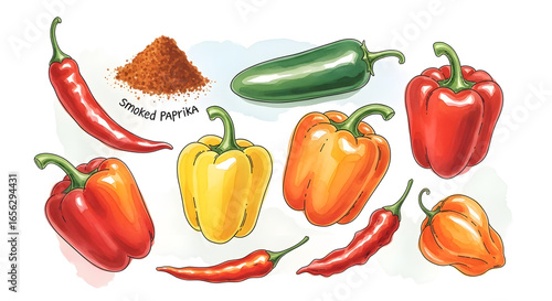 Illustrative display of diverse peppers including bell, jalapeño, and chili varieties, plus smoked paprika. Colorful, spicy ingredients for cooking