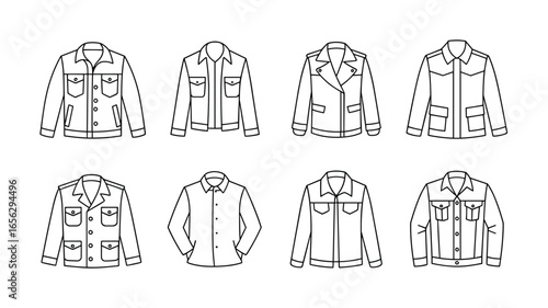 Collection of eight black and white line drawings of various jacket styles on a white background outerwear