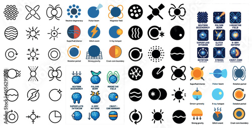 Astrophysics icons set – flat, filled, outer space and celestial symbols