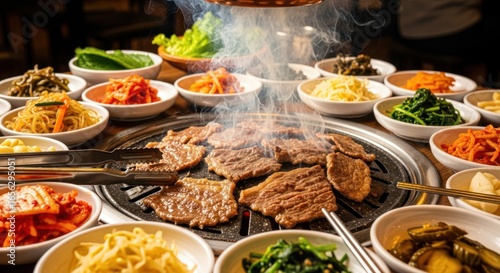 Korean BBQ Feast A Vibrant Array of Grilled Meats and Traditional Side Dishes