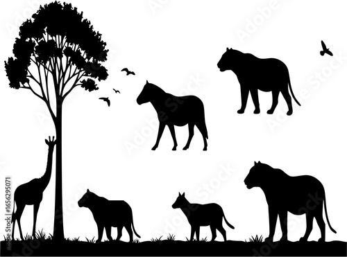 Wild Animals Forest Landscape Vector Silhouette
