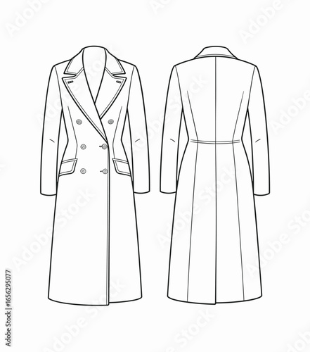 Double Breasted Long Coat Fashion Illustration Front and Back View clothing apparel