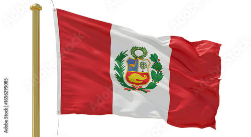 Waving flag of Peru with detailed coat of arms on white background, patriotic symbol for national celebrations