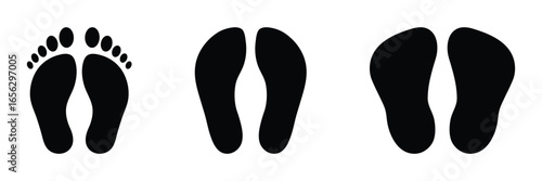 Footprint icon set. Barefoot footprints, shoe prints, adults steps, Foot print vector illustration set with shoes bare feet and boot print, Human walking footprints shoes and shoe sole.