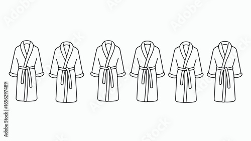 Six black and white line drawing bathrobes arranged in a row bath robe dressing gown