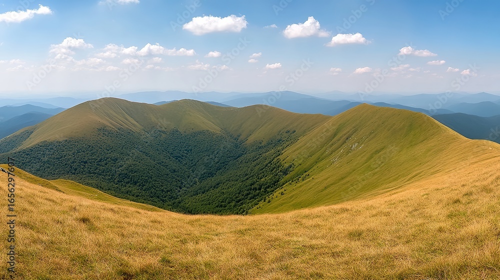 Fototapeta premium A vast landscape showcases rolling hills covered in vibrant green foliage and golden grass under a bright blue sky dotted with fluffy clouds, This image is ideal for nature articles, travel blogs