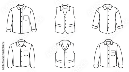 Six black and white line drawings of men's shirts and vests on a white background men's clothing formal wear