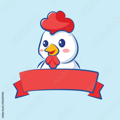 Cute Cartoon Chicken with Red Banner Kawaii Farm Animal Illustration for logo
