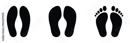 Human shoe footprint icon. Vector footwears. Flat style. Footprints human shoes silhouette. Set of footprints and shoeprints icons in black showing bare feet isolated on white background.