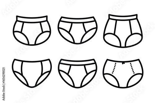 Six black line art illustrations of women's underwear on a white background briefs panties