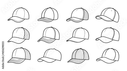 Twelve Baseball Caps in Black and White Line Drawing Style on White Background headwear fashion