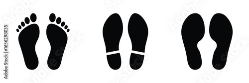 Human shoe footprint icon. Vector footwears. Flat style. Footprints human shoes silhouette. Set of footprints and shoeprints icons in black showing bare feet isolated on white background.